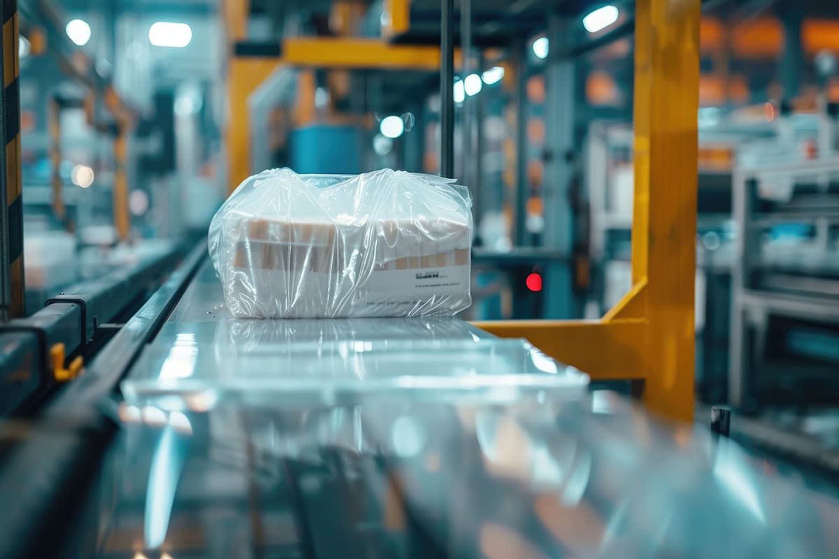 Celofanado industrial de productos en línea de producción